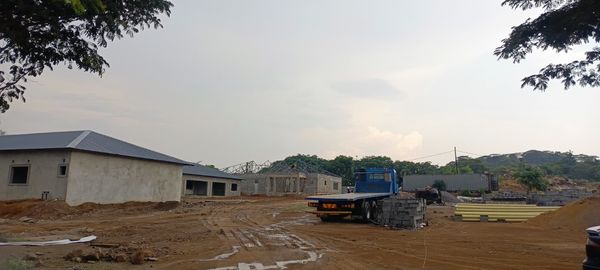 Housing site overview with units at different construction stages